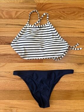 aerie Striped White and Navy High-Neck Bikini Top with Navy Bottoms